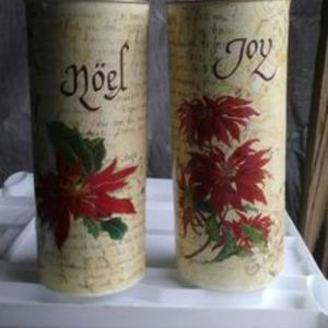 TWO CHRISTMAS DECORATIVE TIN TRASH CANS.